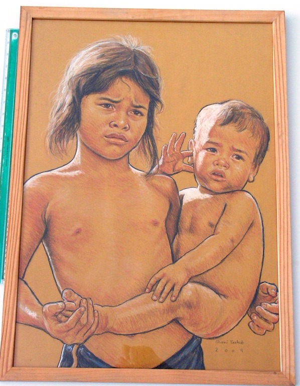 DAKA aanb;  Ghani Yaakub - Kind met een baby - pasteltekening kopen? Bied vanaf 23!