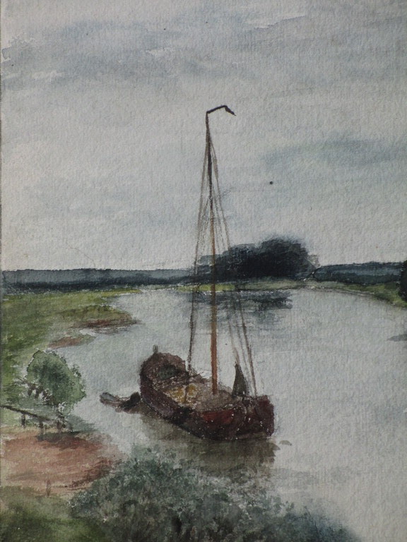 Anoniem, Zeilschip op Hollandse rivier, Gemengde techniek kopen? Bied vanaf 1!