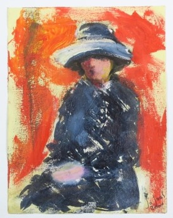 Jose van Gool: Acryl op papier, Z.T. Dame met hoed kopen? Bied vanaf 20!