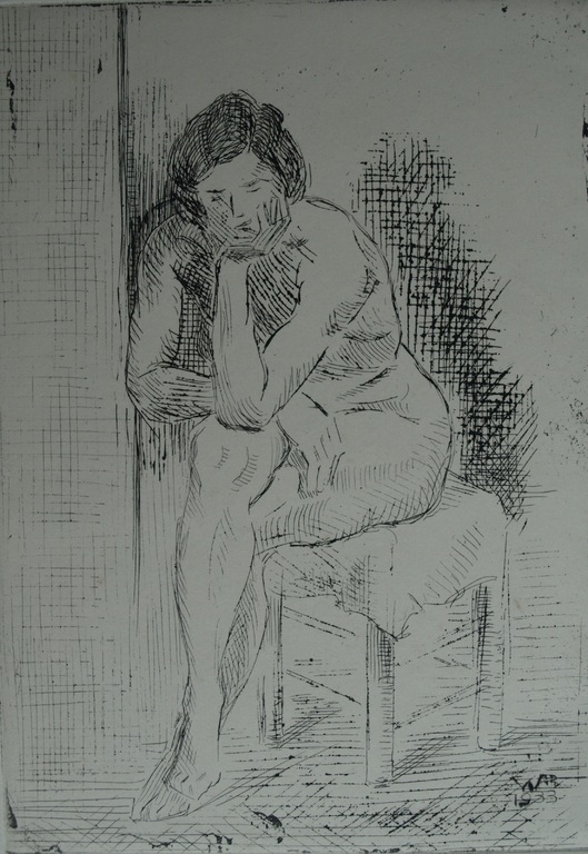 Gesigneerd: WB : Ets , Naakte vrouw op stoel - 1933 kopen? Bied vanaf 1!