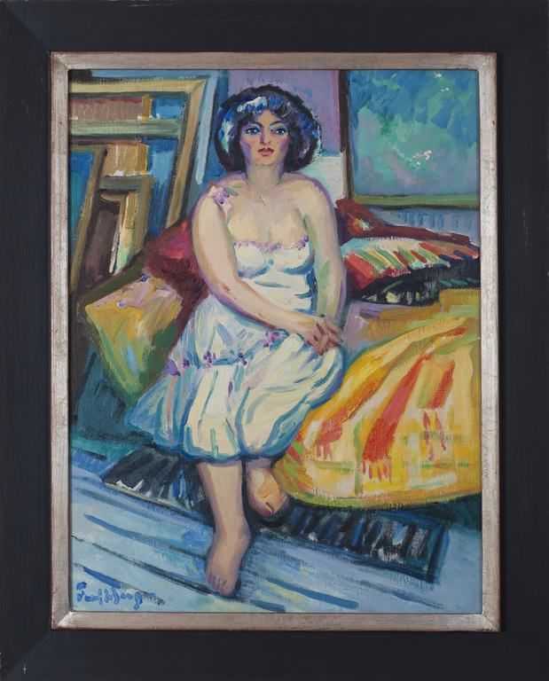 Freek van den Berg, (1918 - 2002), olieverf op doek, Dame in atelier kopen? Bied vanaf 1200!