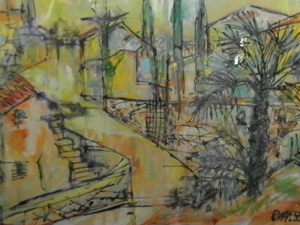 Ria Exel, gouache - expressionistisch stadsgezicht. verkocht voor € 50!