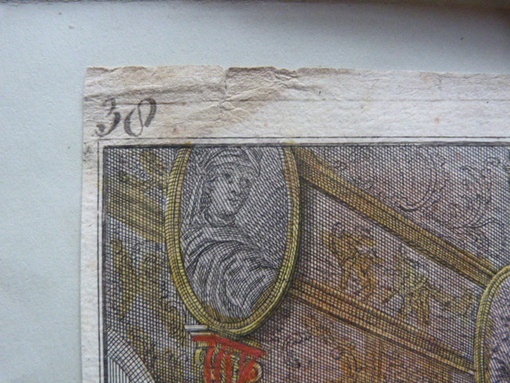 Antieke gravure  -  adelijke ruimte met vele figuren. kopen? Bied vanaf 1!