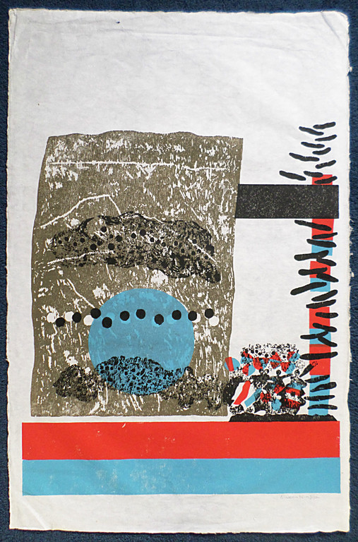 Jef Diederen - Compositie in grijs, rood en blauw, houtsnede op japans kopen? Bied vanaf 60!