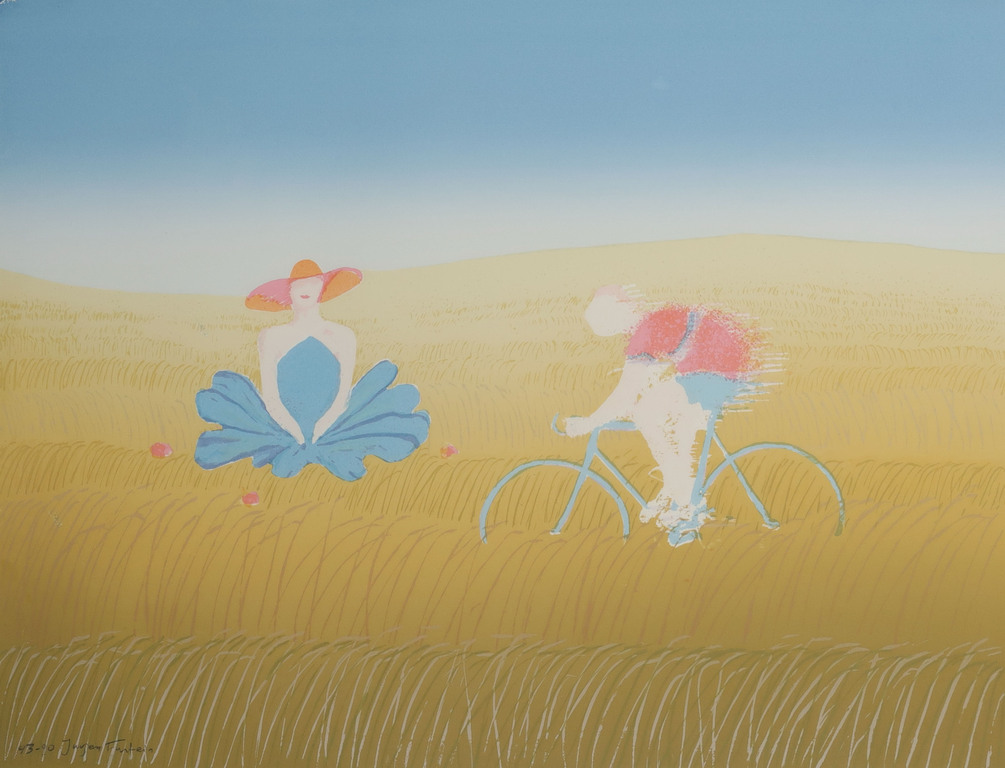 Jurjen Fontein: Zeefdruk, Z.T. Fietser in weiland - Ingelijst verkocht voor € 35!