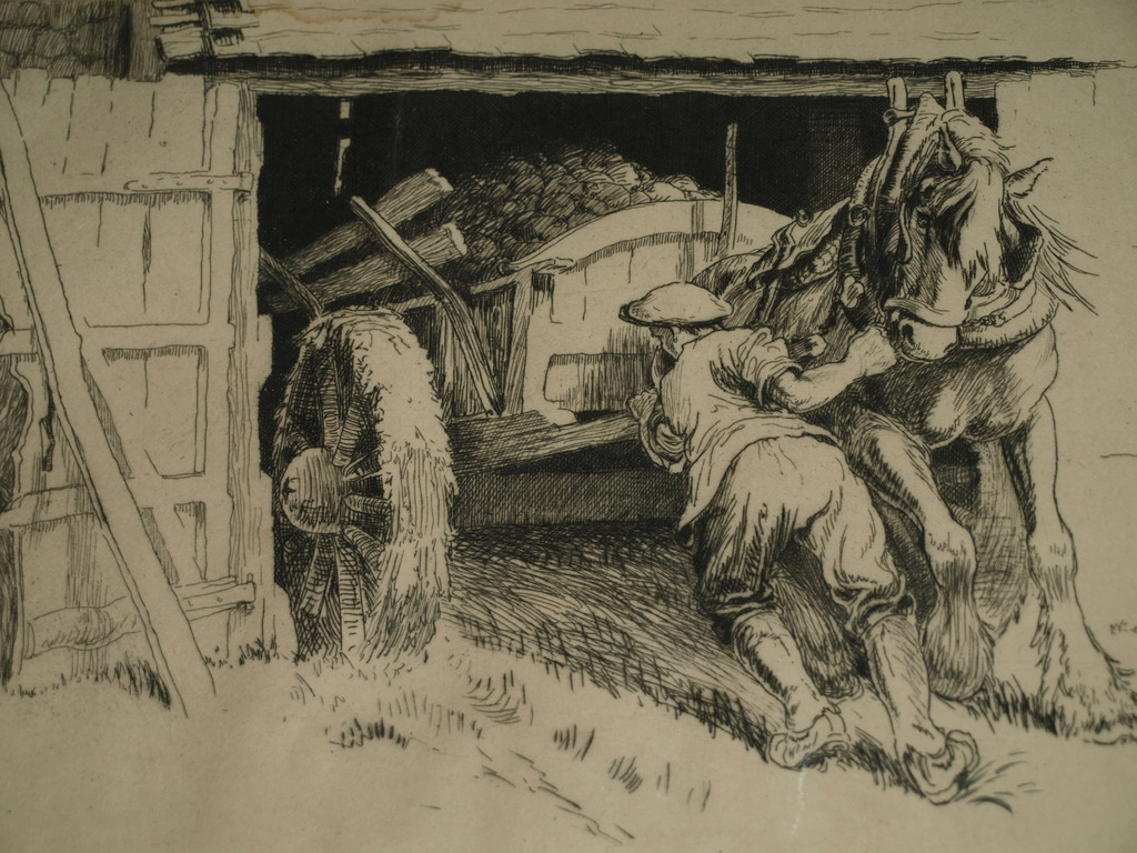 JAN DAUM (1892-?) – Ets – Boer met paard – Gesigneerd & ingelijst – 1922 kopen? Bied vanaf 75!