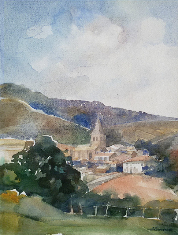 Hen Euverman - Bergdorp, aquarel kopen? Bied vanaf 60!