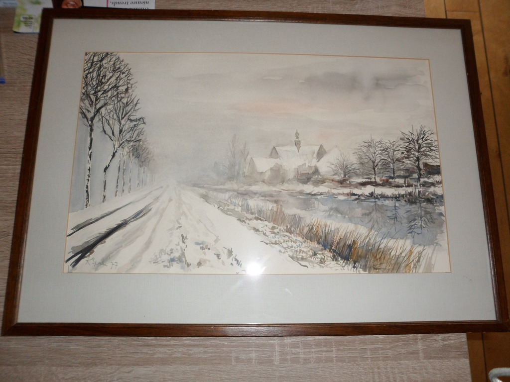 K.Spaan Aquarel uit 1977, Landweg met boerderij in de winter. kopen? Bied vanaf 1!
