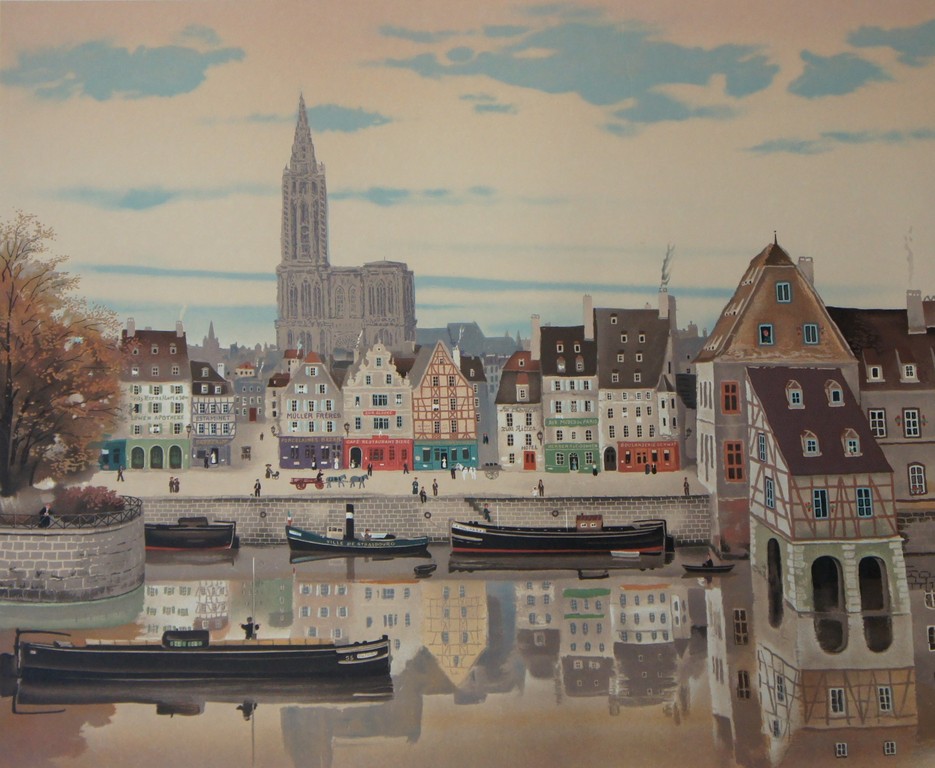 Lithografie - Michel Delacroix (1933), Stadsgezicht aan het water kopen? Bied vanaf 25!