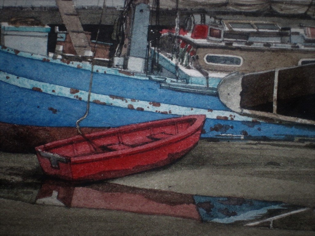 Magnifieke Aquarel "afgemeerde vissersboten" gesigneerd Michel desRochers (1938- kopen? Bied vanaf 1!