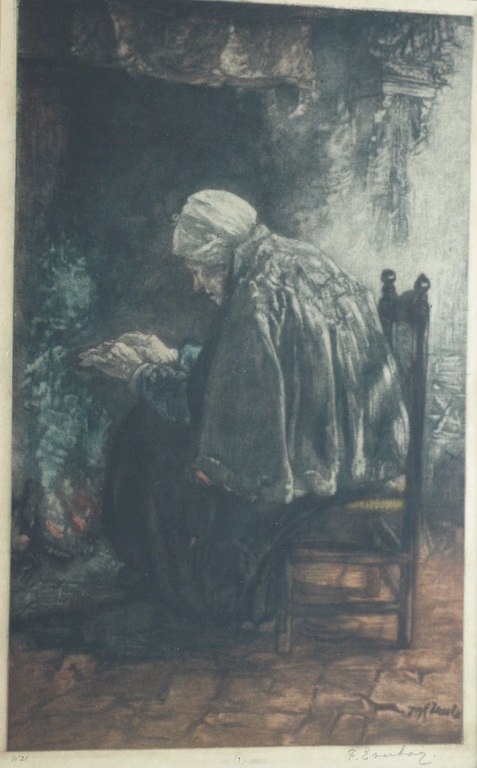 Frans Everbag : Ets , Oude vrouw bij haardvuur – gesigneerd & ingelijst-ca 1930 verkocht voor € 50!