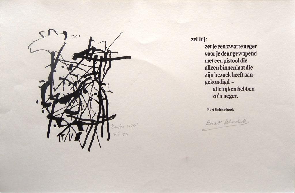 Willem Snitker: centre ville, originele tekening met gedicht van B. Schierbeek verkocht voor € 39!