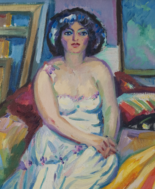 Freek van den Berg, (1918 - 2002), olieverf op doek, Dame in atelier kopen? Bied vanaf 1200!