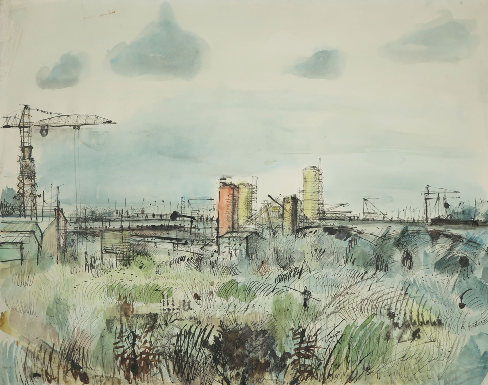 Kees Andrea: Aquarel, Industrieel landschap verkocht voor € 45!