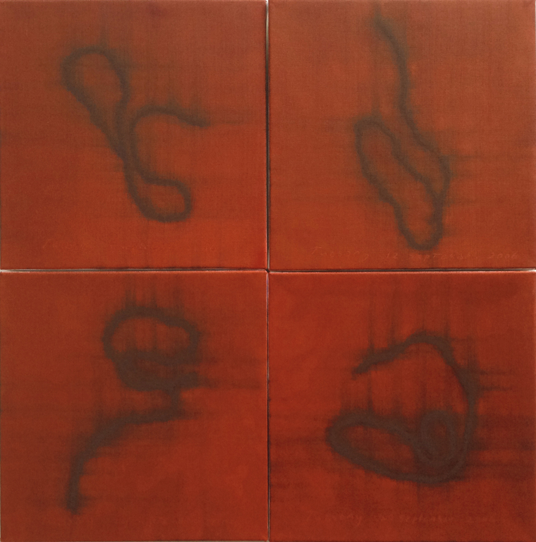 Jack Vissers: "Day Threads" - tableau van 4 schilderijen in rood  kopen? Bied vanaf 1!