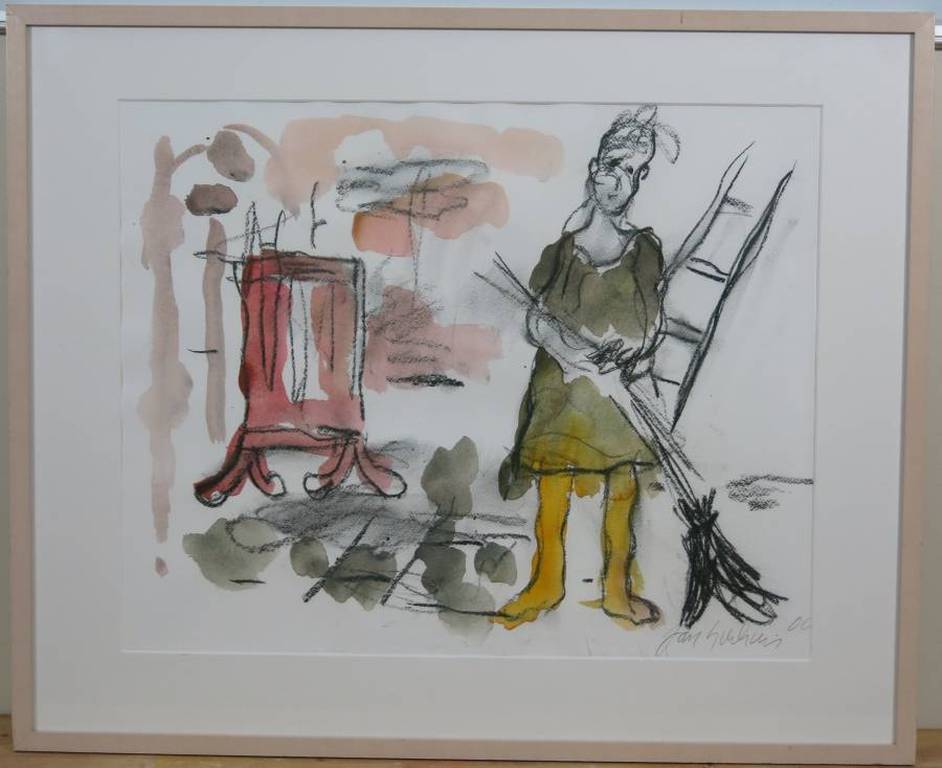 Jan Sierhuis: Aquarel, Assepoester met gele kousen - Ingelijst kopen? Bied vanaf 200!