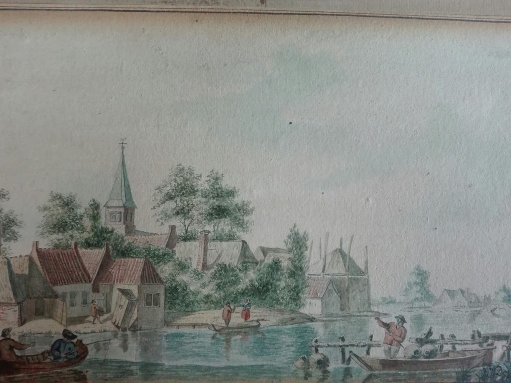 J.J. Destrée, aquarel uit 1857, Dorp langs de rivier kopen? Bied vanaf 1!