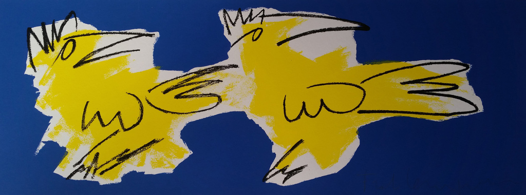 Frank Lengvenius "Yellow Birds on Blue" gesigneerde zeefdruk op papier verkocht voor € 50!