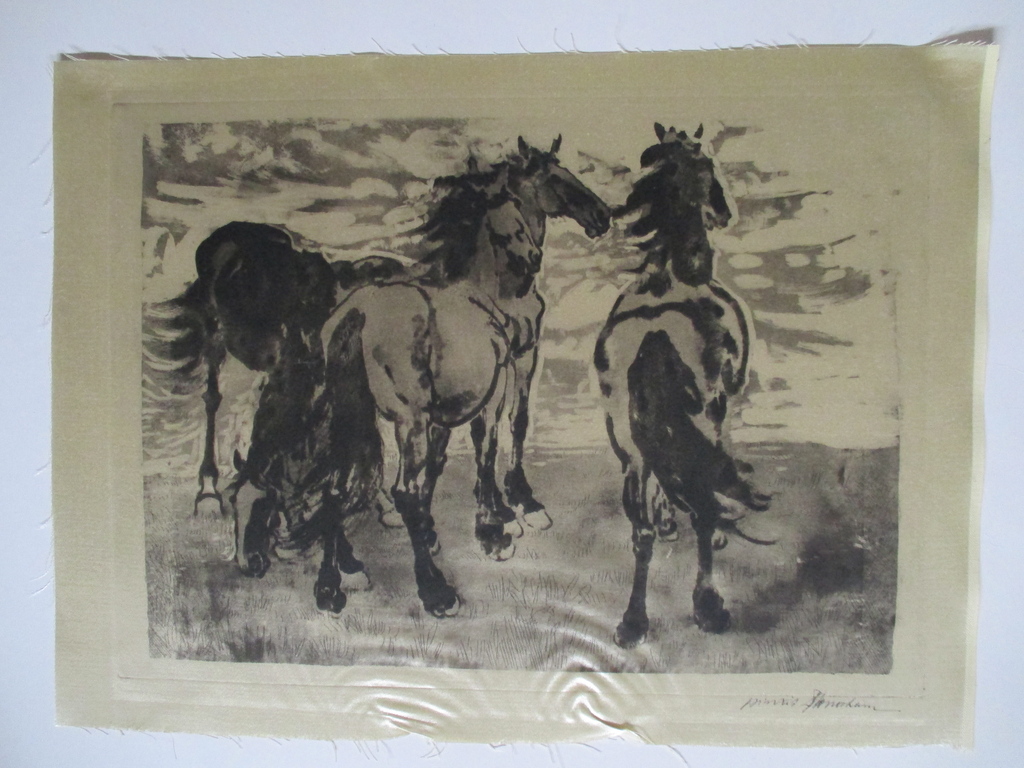 Ets gedrukt op zijde, onbekend gesigneerd, 3 paarden kopen? Bied vanaf 1!