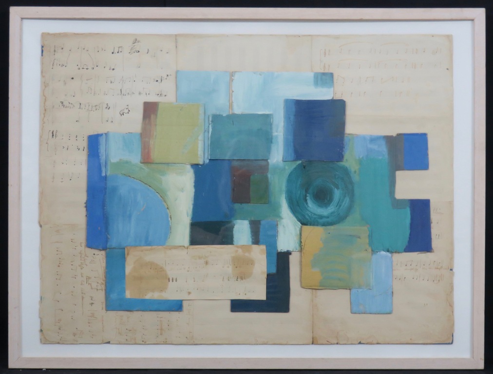 Meertje Kaal: Acryl en collage op papier, Zonder titel (muziek) - Ingelijst verkocht voor € 61!