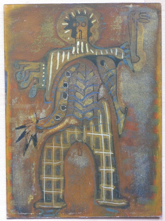 André Vereecken ( 1932 St.Pauwels )-Olieverf op karton-vreemdsoortig wezen. verkocht voor € 45!