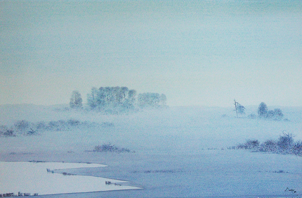 Denkor (A.J. Kooter): Nevelig landschap -aquarel, 1984- verkocht voor € 45!