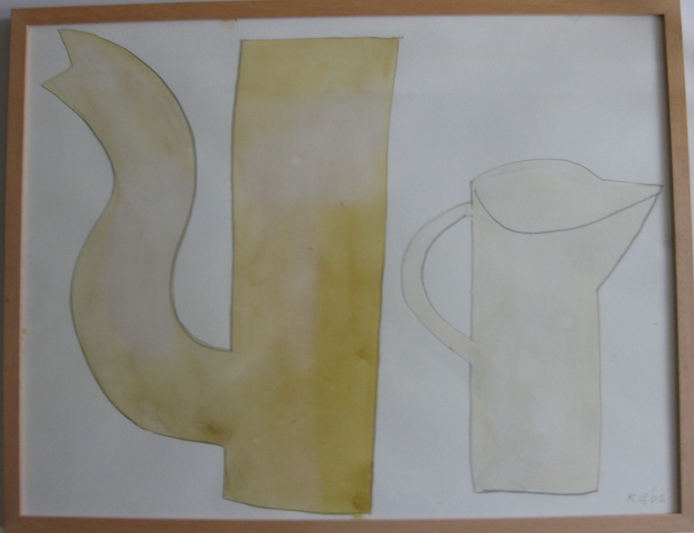Klaas Gubbels, Aquarel en potlood, 'Kannen' - uniek werk van Gubbels uit 2002 verkocht voor € 800!