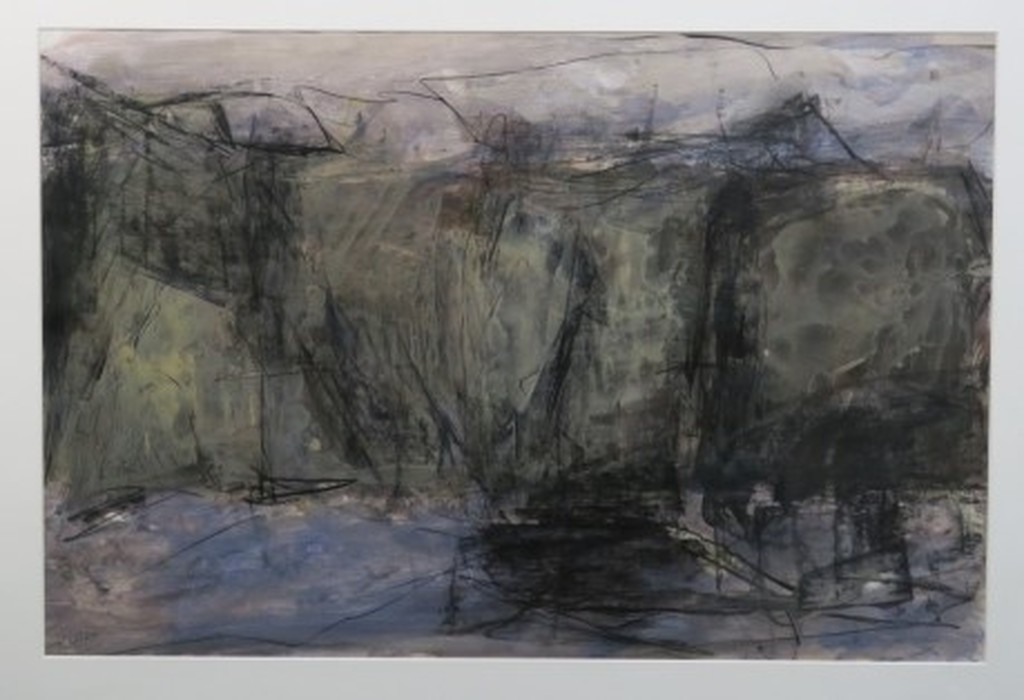 Lida Allard: Acryl op papier, Bergketen met lavendelvelden - Ingelijst kopen? Bied vanaf 50!