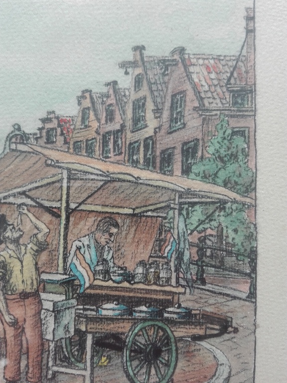Stadsgezicht; man bij viskraam, aquarel uit 1956 gesigneerd  kopen? Bied vanaf 1!