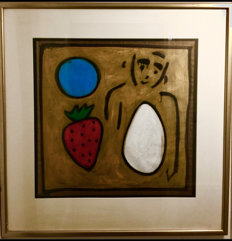 Bart Drost - Acryl en gesso op bitumenpapier - Jongen met aardbei verkocht voor € 50!