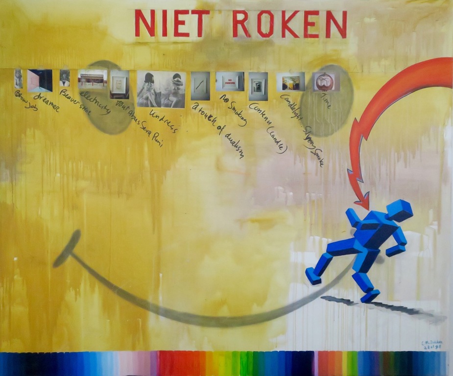 Leon Dekker: Olie en collage op doek, The revue company - Ingelijst (Zeer groot) kopen? Bied vanaf 1!