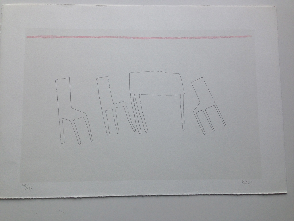 Klaas Gubbels, 1981, gesigneerd, zeefdruk, tafel & stoelen verkocht voor € 95!