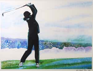 Rene Brone - Rene Brone: Litho, Playing golf at peble beach - Ingelijst verkocht voor € 1!