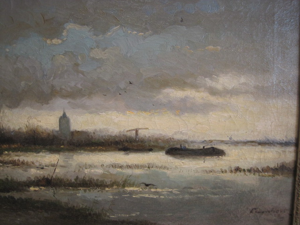 oud impress. olieverf "Hollands rivierlandschap" gesigneerd "Lambert '24"  kopen? Bied vanaf 1!