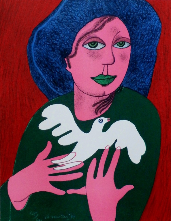 Corneille -  zeefdruk: Vrouw met duif - 1991 verkocht voor € 375!