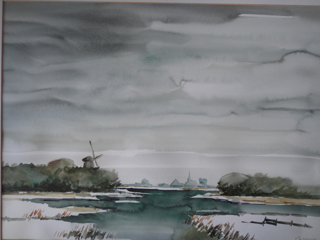Bob (Petrus Theodorus) Immink, aquarel, polder te Waterland verkocht voor € 75!