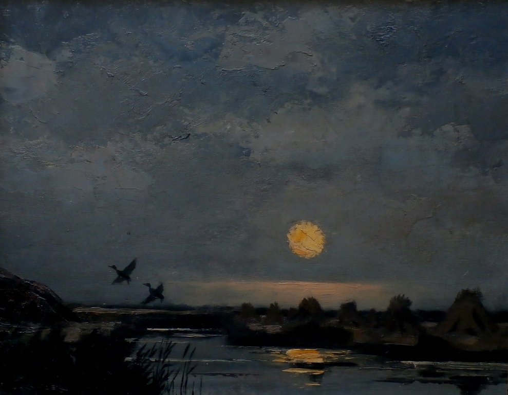 Jo Schrijnder: Olieverf op board: opvliegende eenden bij ondergaande zon verkocht voor € 550!