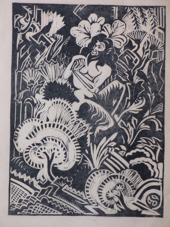 Henri van der Stok, Faun en Merel, Houtsnede verkocht voor € 35!