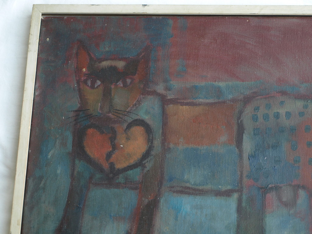 Onbekend : Olieverf op doek, Kat met een gebroken Hart – ingelijst - Oud kopen? Bied vanaf 1!