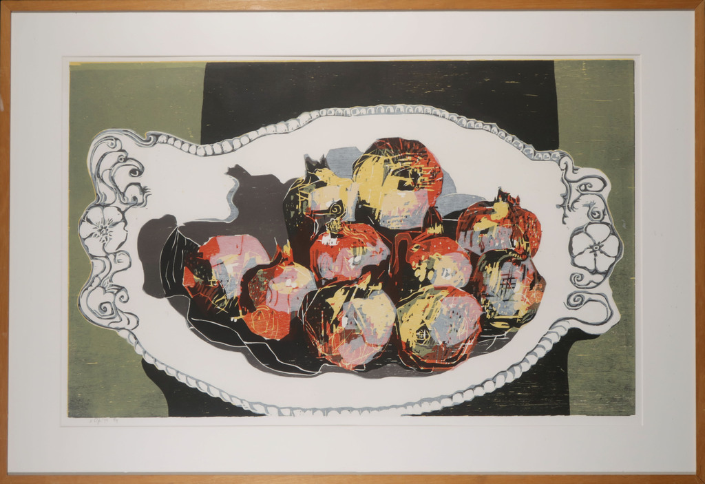 Vincent van Ojen: Houtsnede, Schaal met granaatappels - Ingelijst (Groot) verkocht voor € 90!