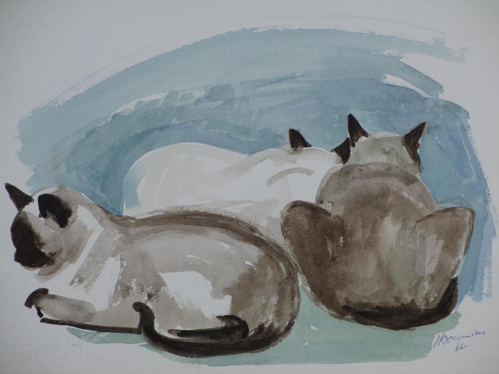 Hannie Bouman, Drie katten, Aquarel kopen? Bied vanaf 35!