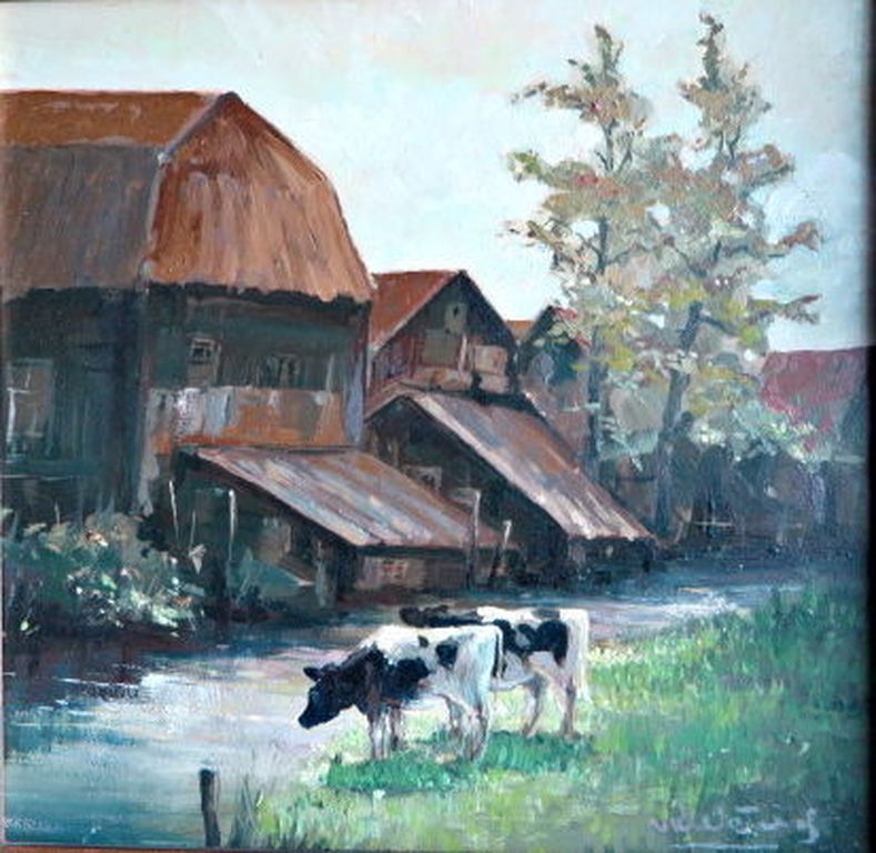 Koeien aan de waterkant - olieverf op paneel - ingelijst-gesigneerd: vd Wetering kopen? Bied vanaf 1!