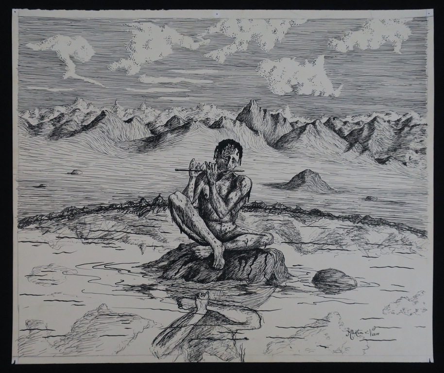 Martin van Veen: Pentekening, Fluitspeler in landschap kopen? Bied vanaf 1!