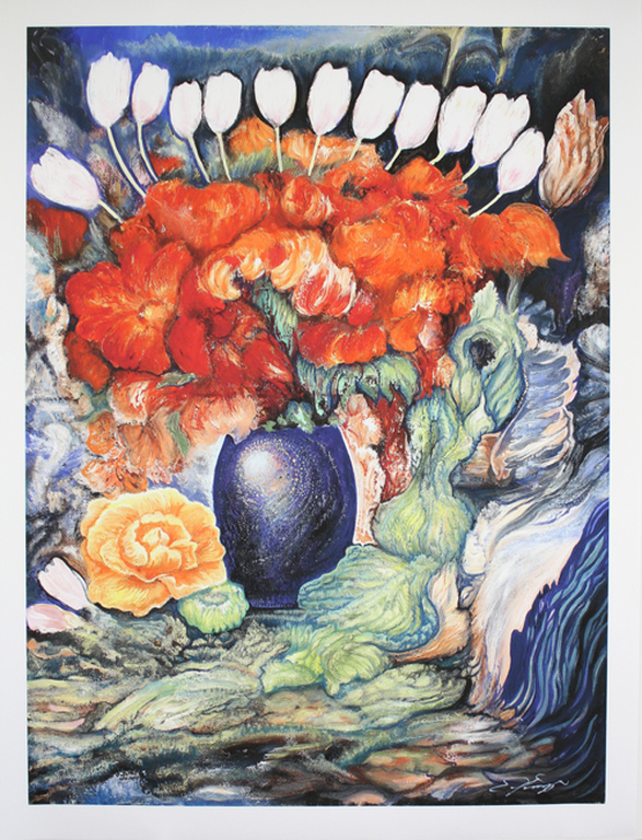 ERNST FUCHS Gr Giclee op LINNEN   BOUQUET met WITTE TULPEN  (GROOT) kopen? Bied vanaf 75!