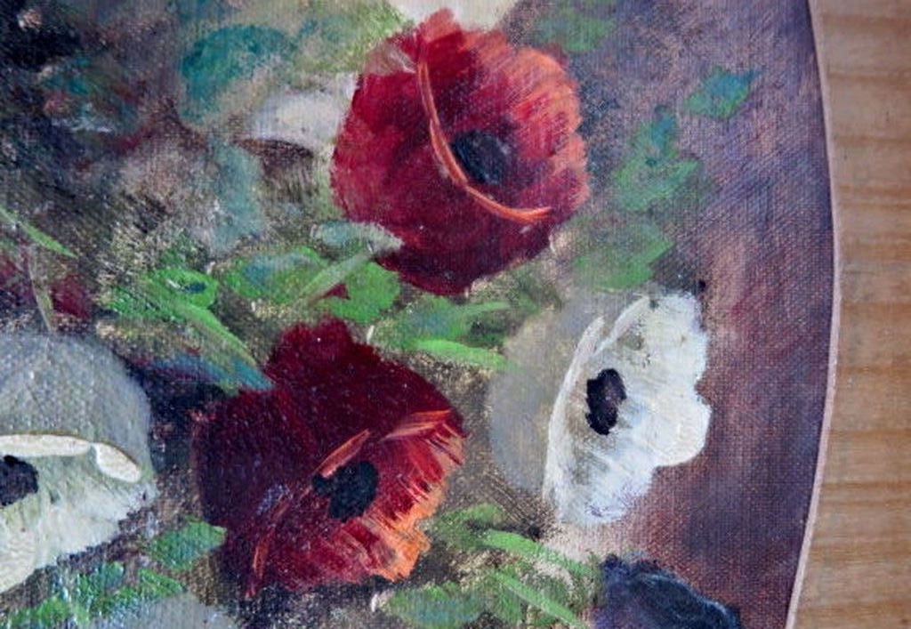Antiek Stilleven van Anemonen-  olieverf - in ovaal houten lijst - ca. 1925 kopen? Bied vanaf 1!