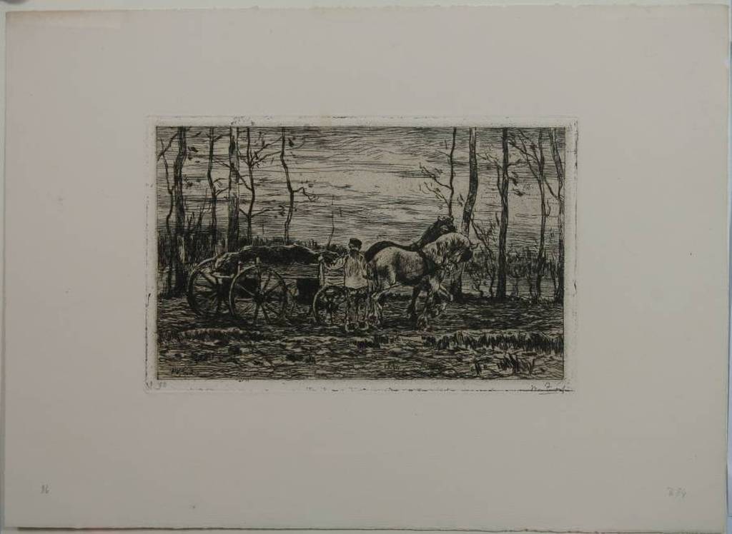 Willem de Zwart: Ets, Bespannen kar met hakhout kopen? Bied vanaf 50!