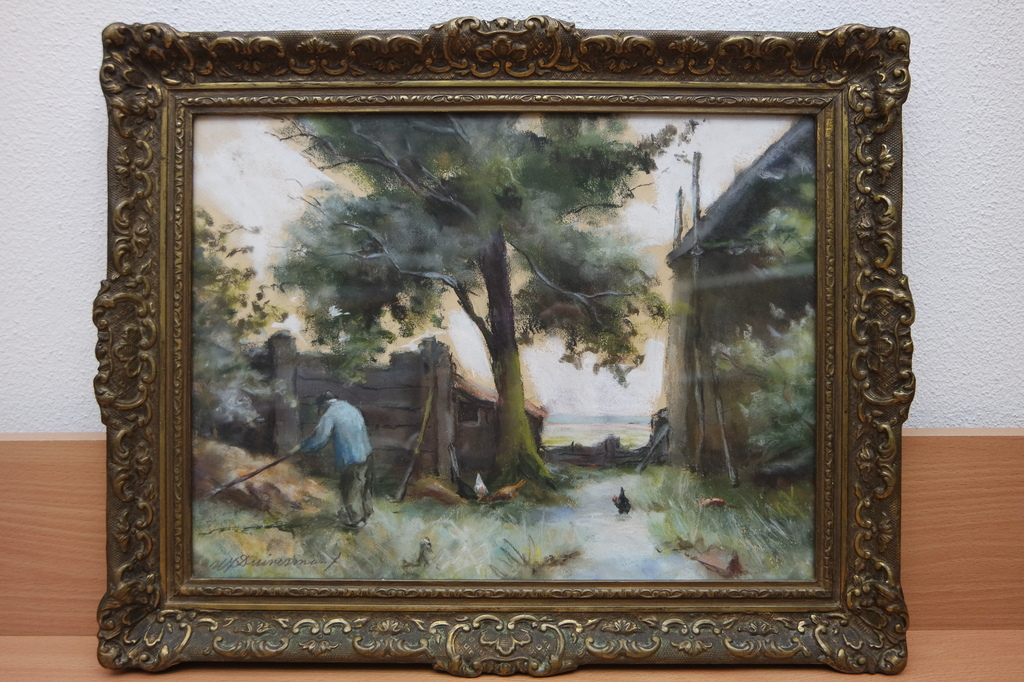 Hendrik Johannes DUIVERMAN (1906-1973) - gouache - hooiende boer op erf  verkocht voor € 120!