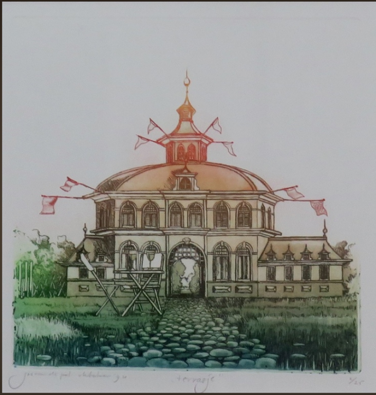 Jos van de Pol: Mooie Kleurenets, -Terrasje - 1994. Ingelijst. Handgesigneerd. verkocht voor € 49!