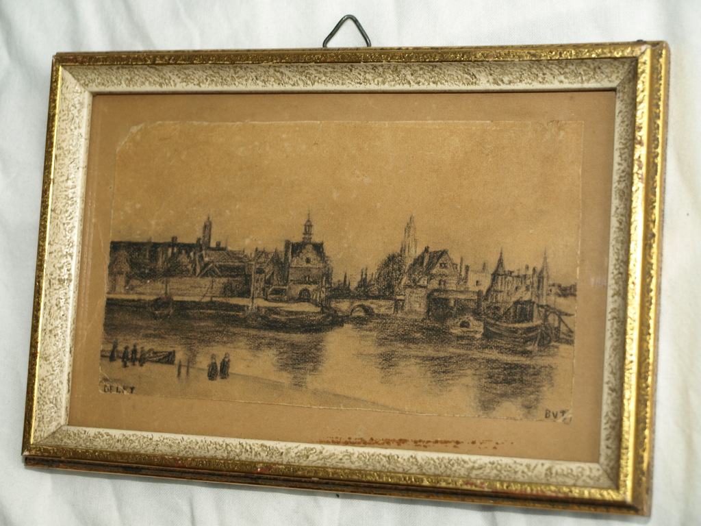 Monogram BVF of BVT : Tekening – Stadsgezicht Delft – Ingelijst - Oud kopen? Bied vanaf 1!