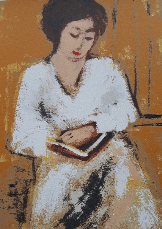 Dame met boek - gesigneerde zeefdruk op papier  verkocht voor € 40!